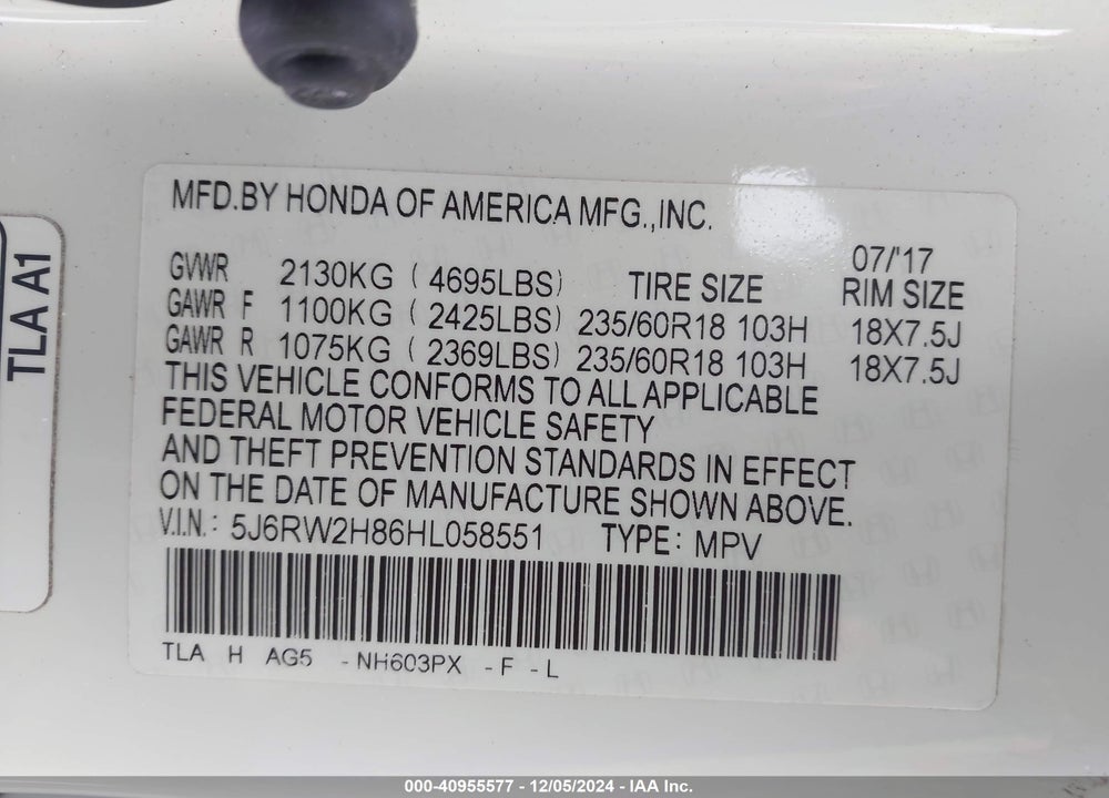 2017 HONDA CR-V EX-L/EX-L NAVI VIN: 5J6RW2H86HL058551