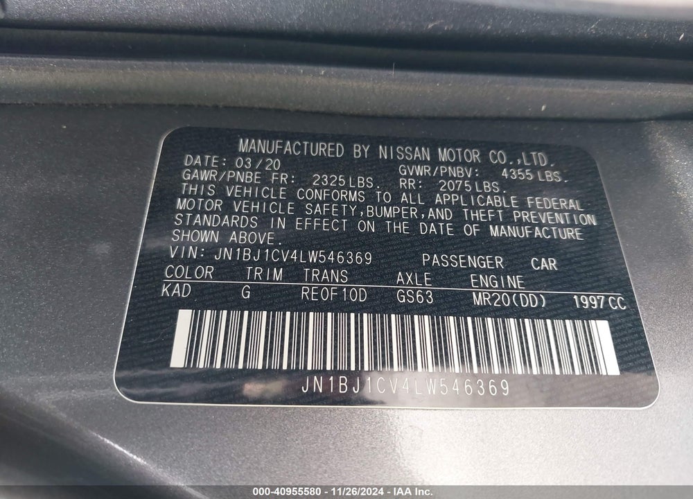 2020 NISSAN ROGUE SPORT SV FWD XTRONIC CVT VIN: JN1BJ1CV4LW546369