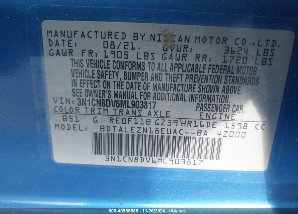 2021 NISSAN VERSA VIN: 3N1CN8DV6ML903817