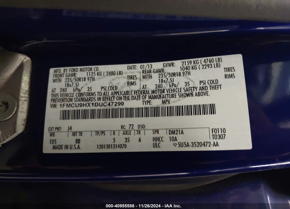 2013 FORD ESCAPE SEL VIN: 1FMCU9HX1DUC47299