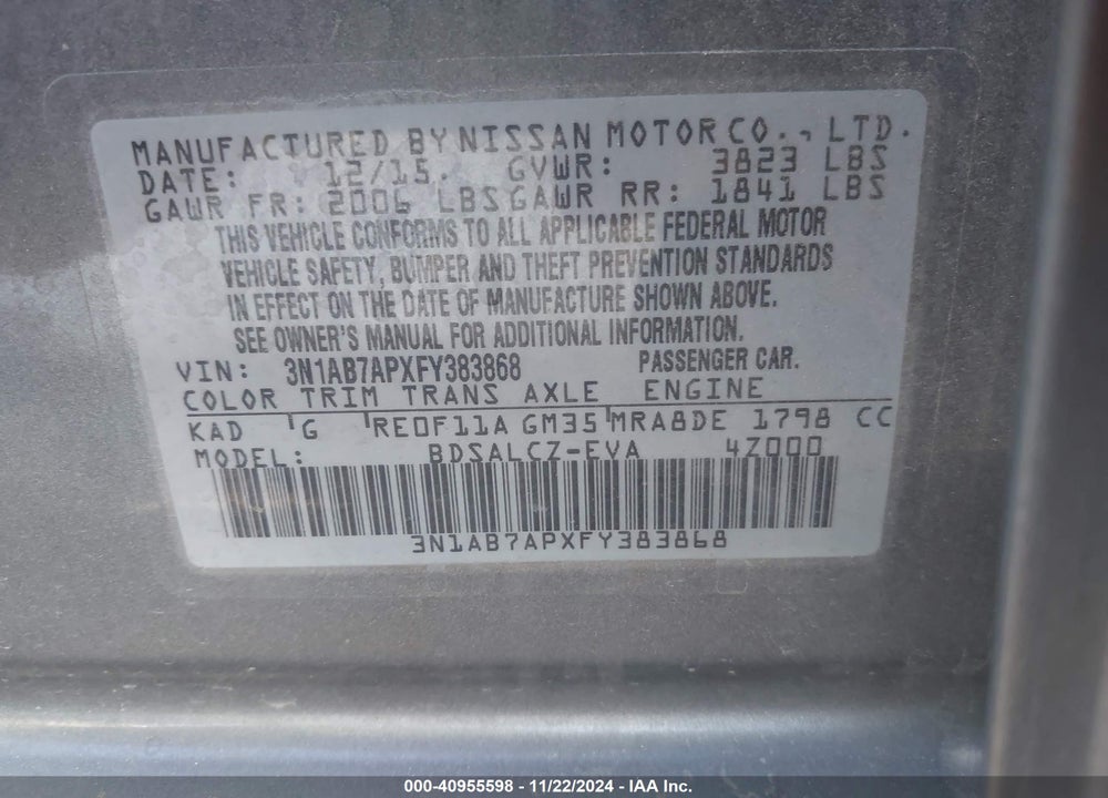 2015 NISSAN SENTRA S VIN: 3N1AB7APXFY383868