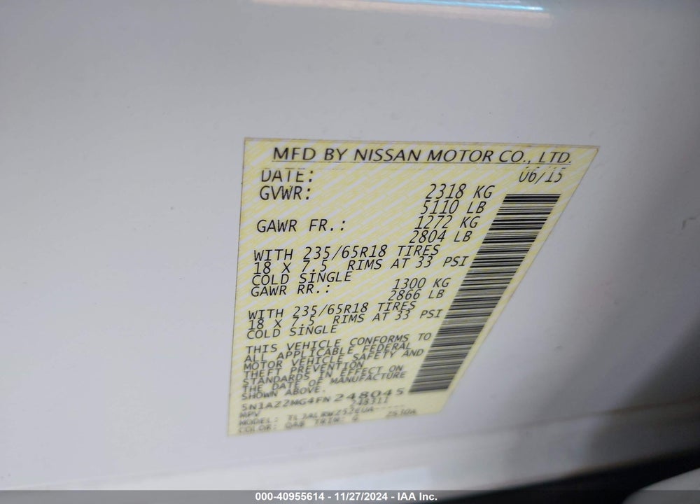 2015 NISSAN MURANO SL VIN: 5N1AZ2MG4FN248045