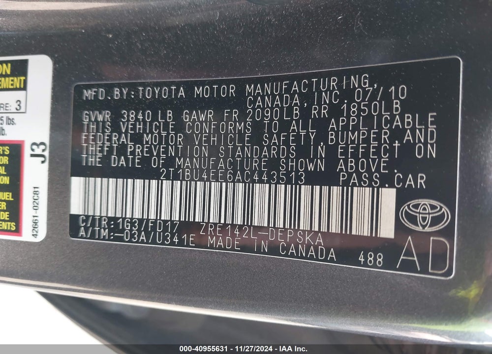 2010 TOYOTA COROLLA S VIN: 2T1BU4EE6AC443513