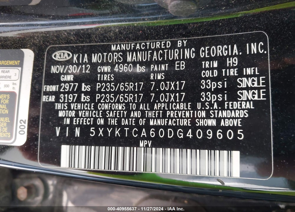 2013 KIA SORENTO LX VIN: 5XYKTCA60DG409605