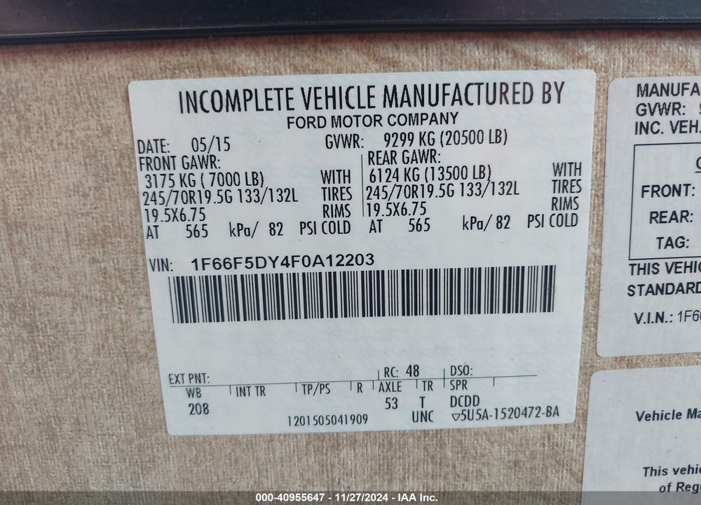 2015 FORD F53 VIN: 1F66F5DY4F0A12203