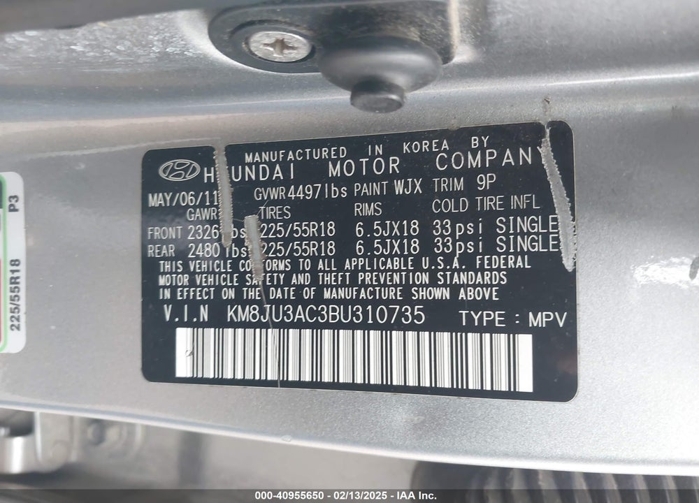 2011 HYUNDAI TUCSON LIMITED VIN: KM8JU3AC3BU310735