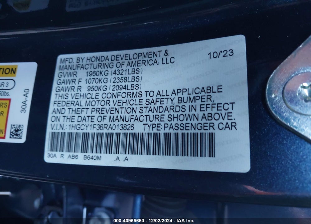2024 HONDA ACCORD EX VIN: 1HGCY1F36RA013826