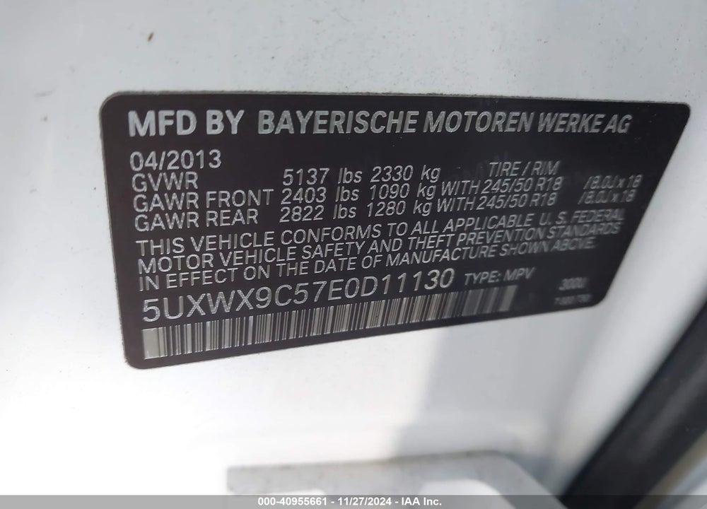 2014 BMW X3 XDRIVE28I VIN: 5UXWX9C57E0D11130