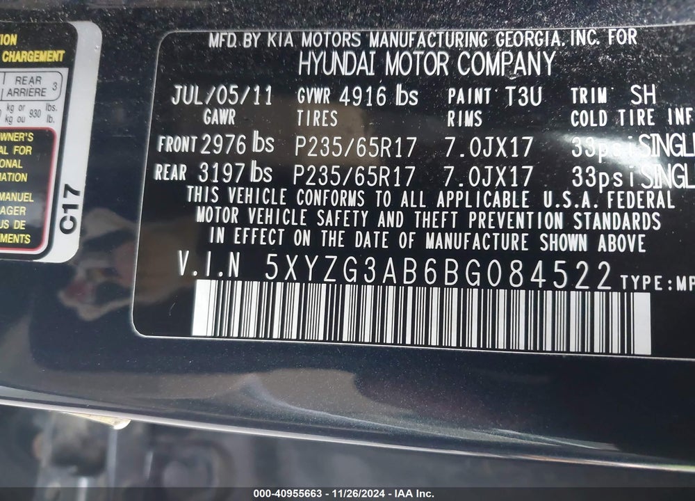 2011 HYUNDAI SANTA FE GLS VIN: 5XYZG3AB6BG084522