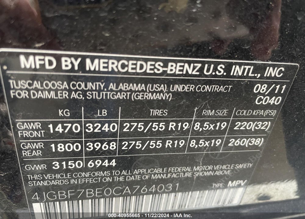 2012 MERCEDES-BENZ GL 450 4MATIC VIN: 4JGBF7BE0CA764031