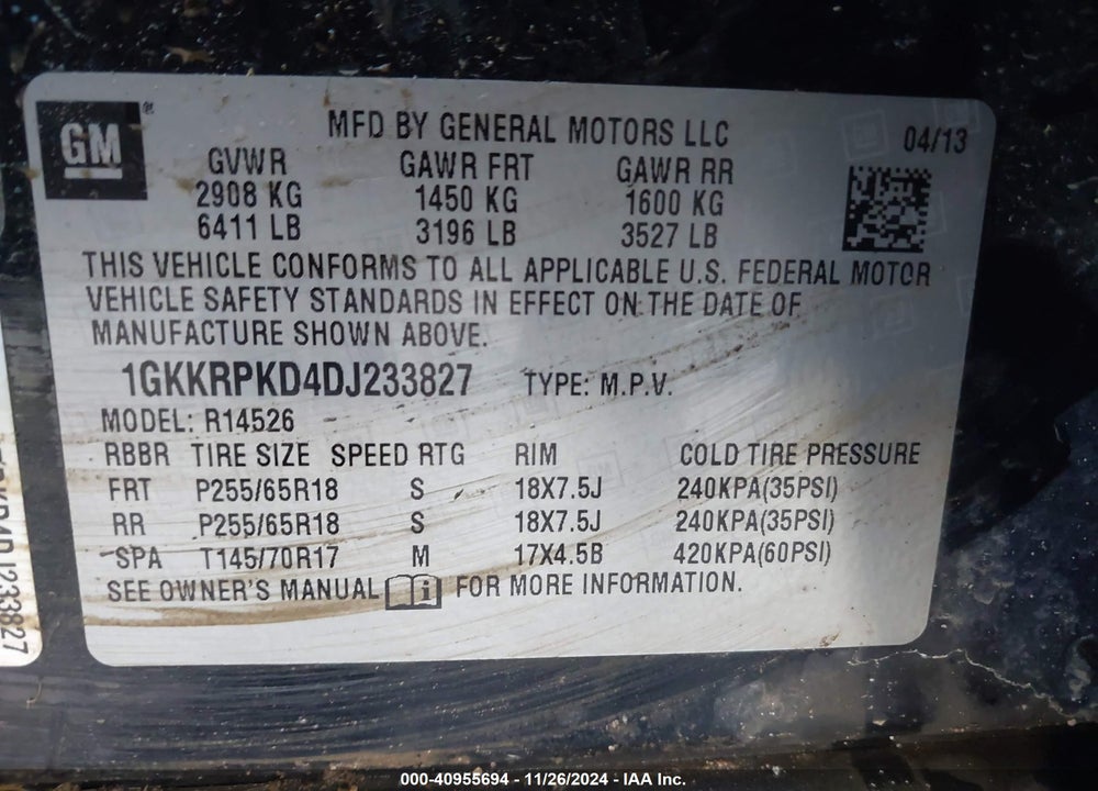 2013 GMC ACADIA SLE VIN: 1GKKRPKD4DJ233827