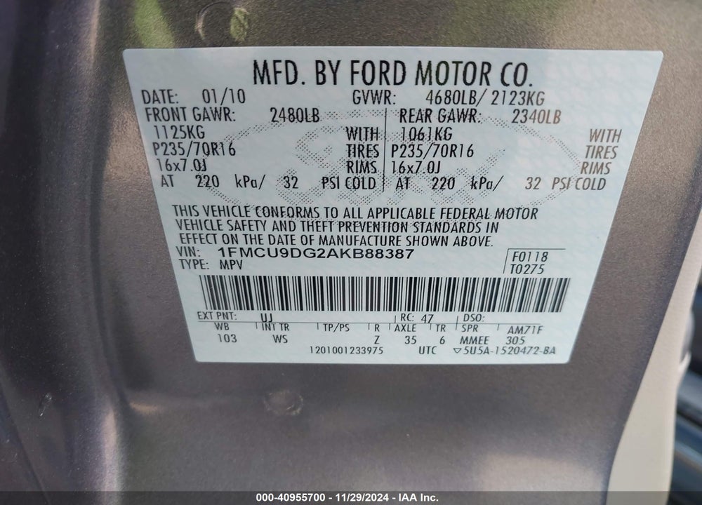 2010 FORD ESCAPE XLT VIN: 1FMCU9DG2AKB88387