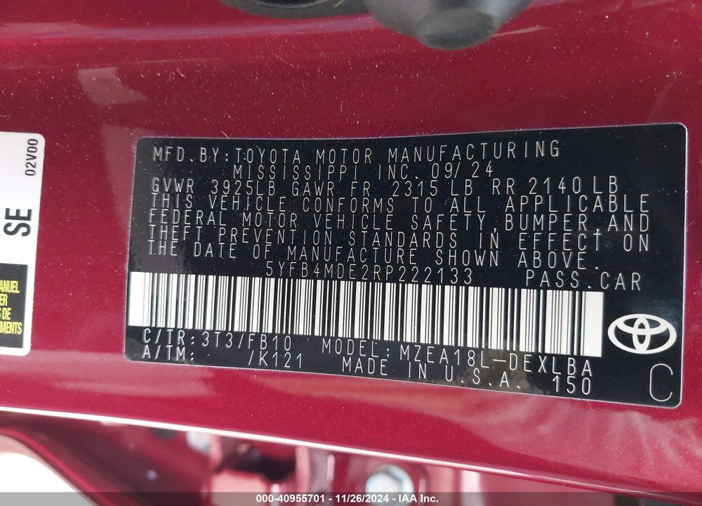 2024 TOYOTA COROLLA VIN: 5YFB4MDE2RP222133