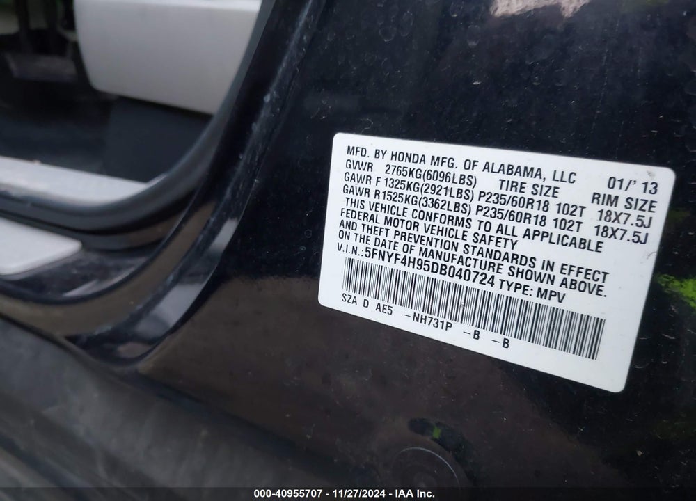 2013 HONDA PILOT TOURING VIN: 5FNYF4H95DB040724