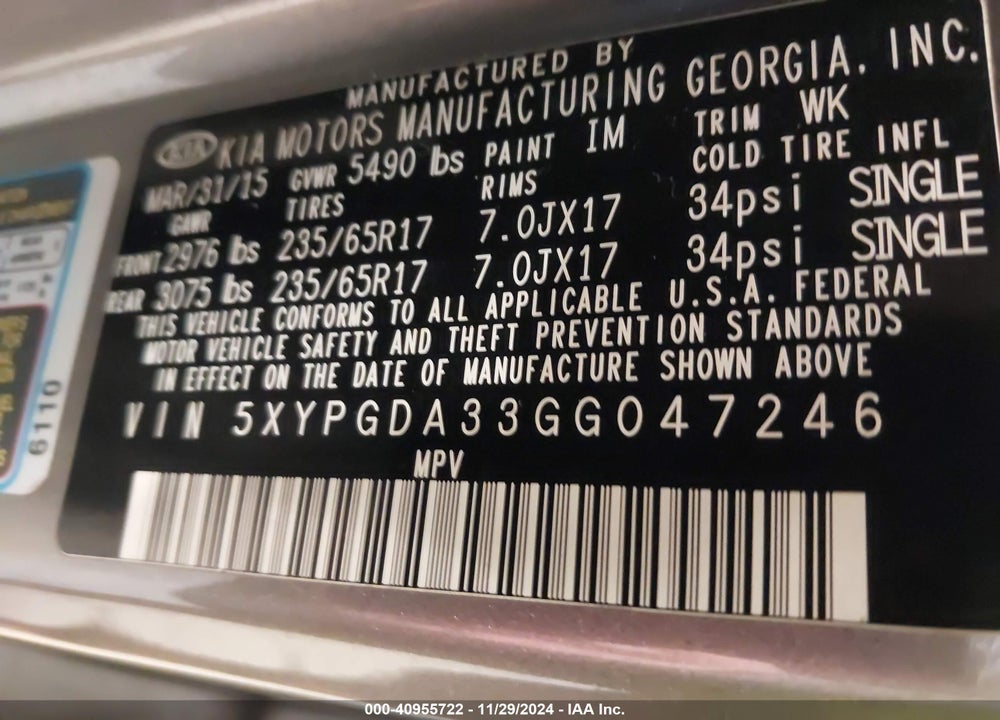 2016 KIA SORENTO 2.4L LX VIN: 5XYPGDA33GG047246