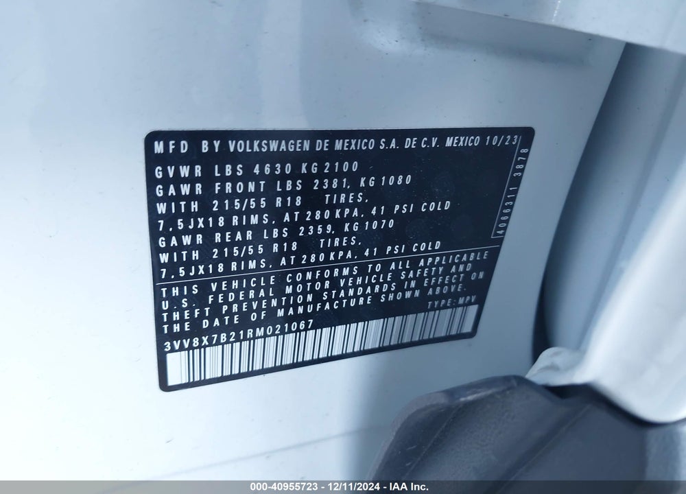 2024 VOLKSWAGEN TAOS 1.5T S VIN: 3VV8X7B21RM021067