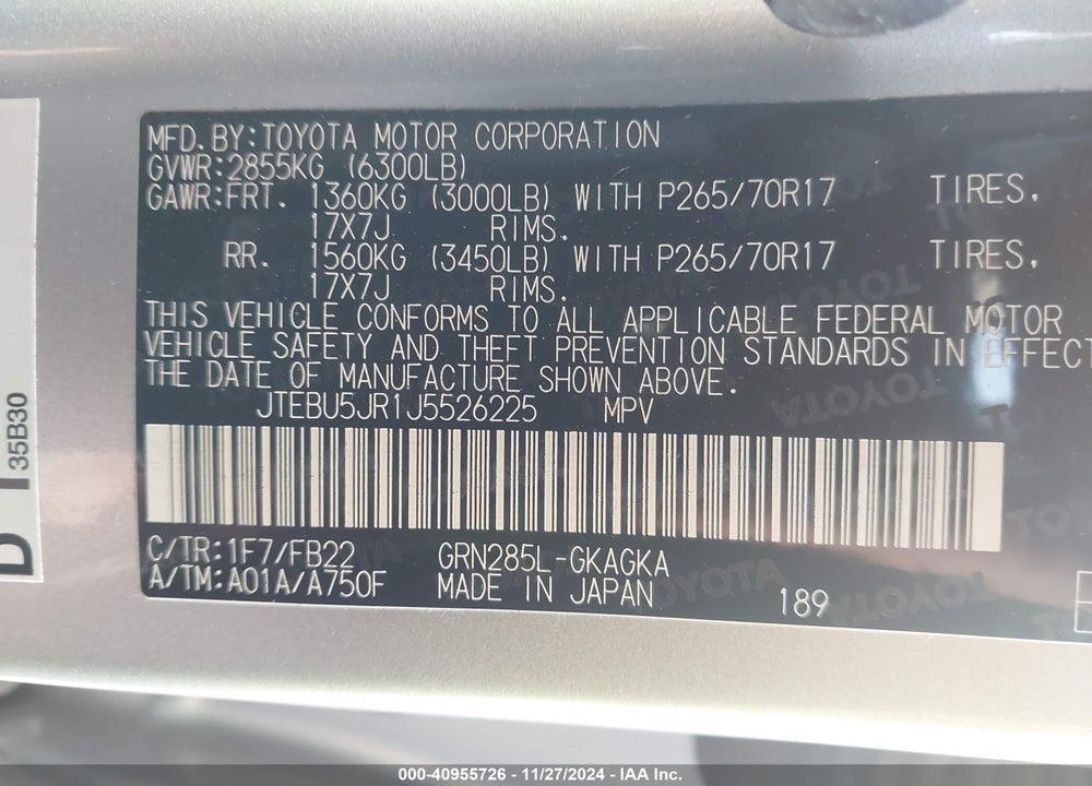 2018 TOYOTA 4RUNNER SR5 VIN: JTEBU5JR1J5526225