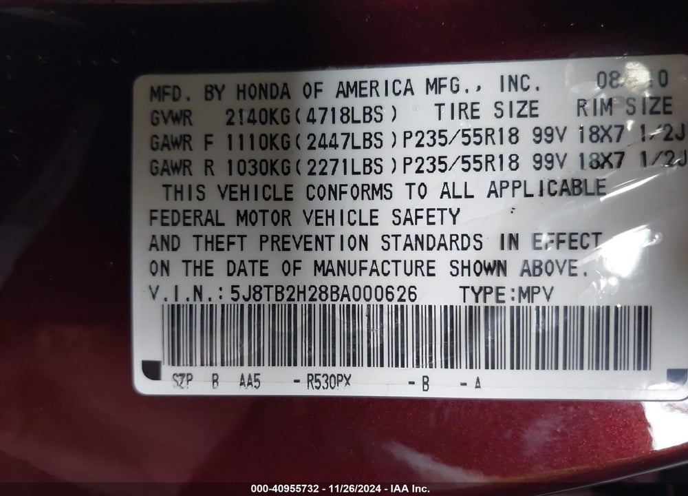 2011 ACURA RDX VIN: 5J8TB2H28BA000626
