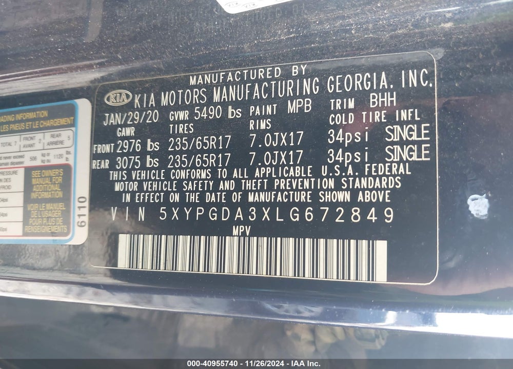 2020 KIA SORENTO 2.4L LX VIN: 5XYPGDA3XLG672849