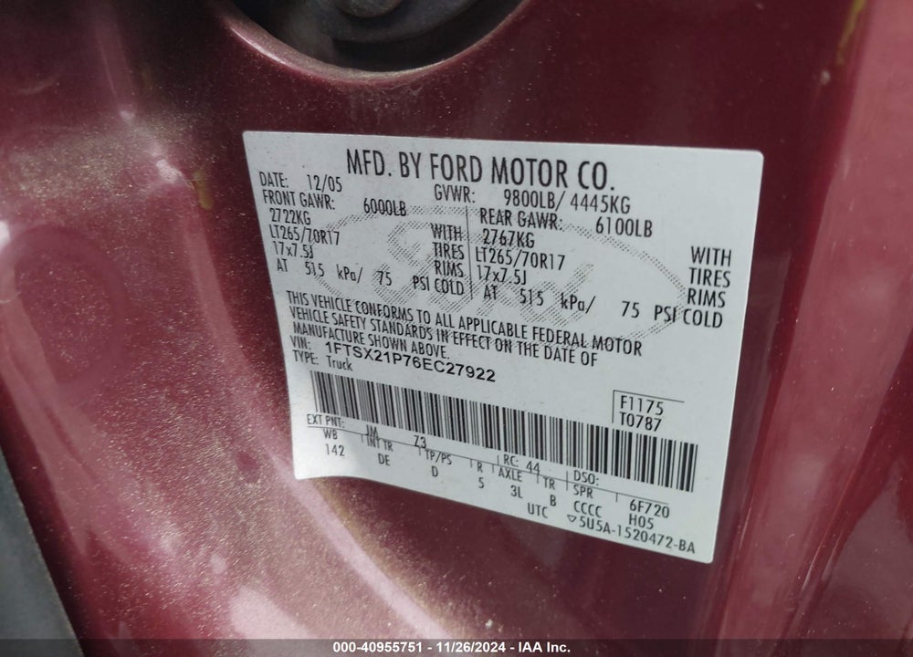 2006 FORD F-250 LARIAT/XL/XLT VIN: 1FTSX21P76EC27922