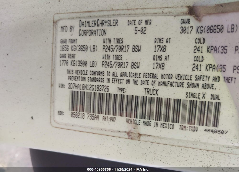 2002 DODGE RAM 1500 ST VIN: 3D7HA18N12G183726