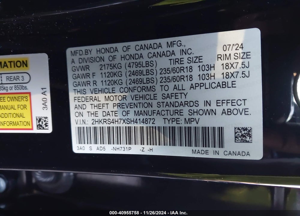2025 HONDA CR-V EX-L AWD VIN: 2HKRS4H7XSH414872
