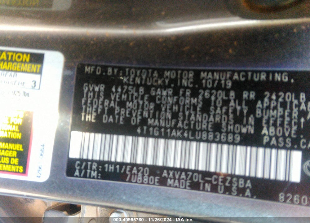 2020 TOYOTA CAMRY VIN: 4T1G11AK4LU883689