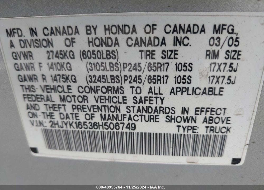 2006 HONDA RIDGELINE VIN: 2HJYK16536H506749