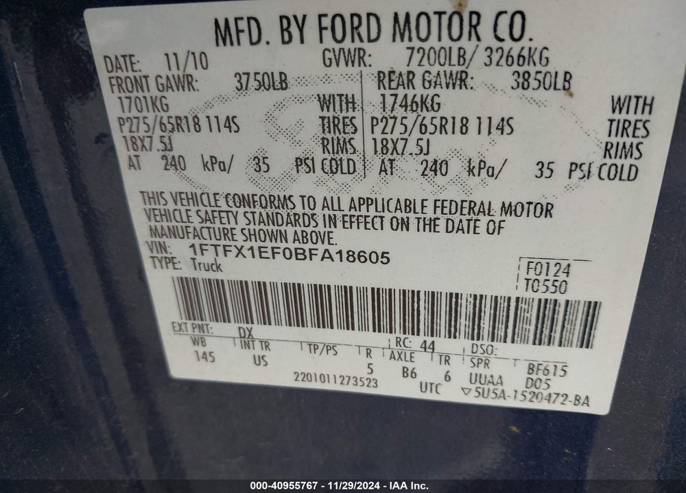2011 FORD F-150 VIN: 1FTFX1EF0BFA18605