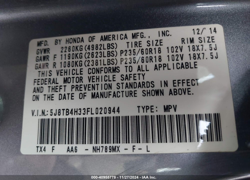 2015 ACURA RDX VIN: 5J8TB4H33FL020944