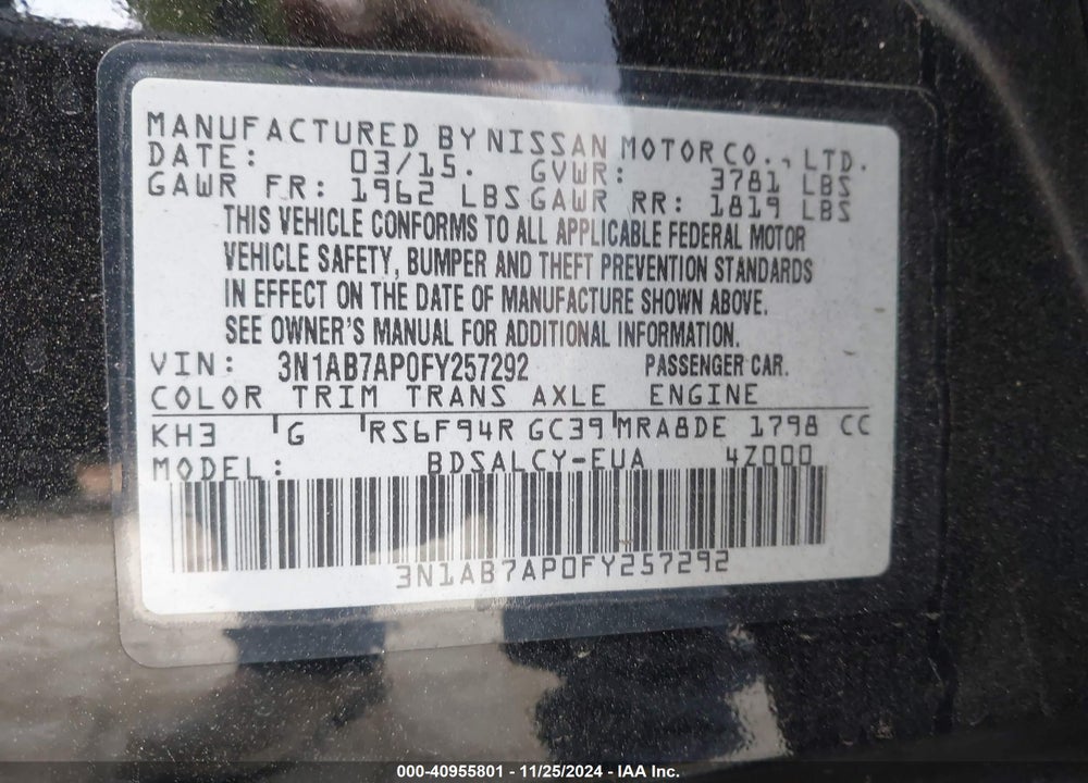 2015 NISSAN SENTRA S VIN: 3N1AB7AP0FY257292