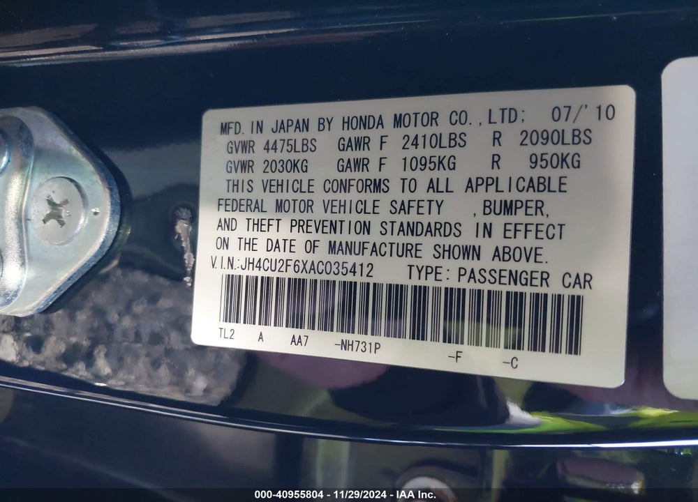 2010 ACURA TSX VIN: JH4CU2F6XAC035412