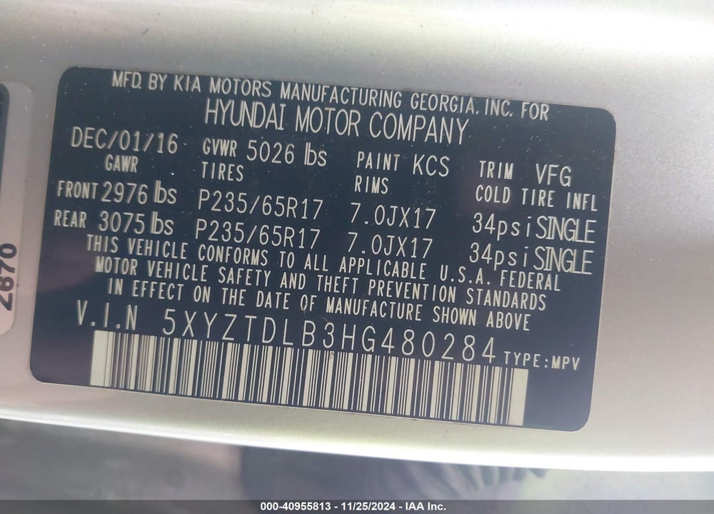 2017 HYUNDAI SANTA FE SPORT 2.4L VIN: 5XYZTDLB3HG480284