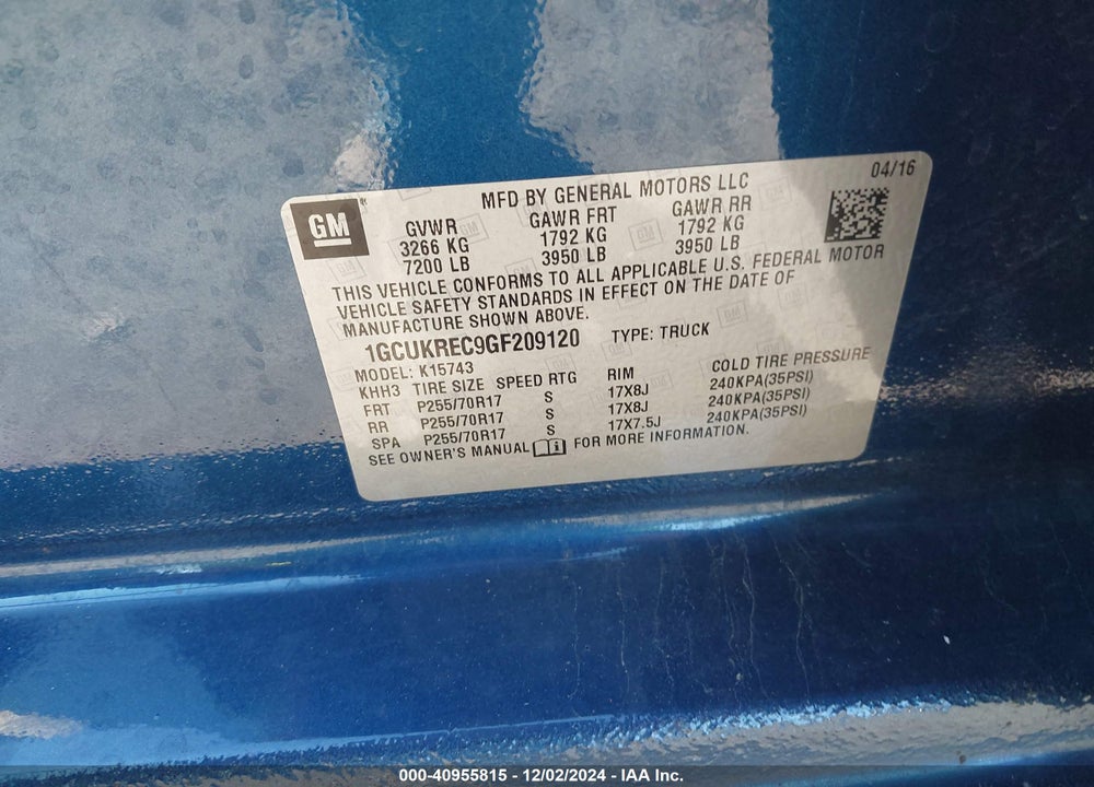 2016 CHEVROLET SILVERADO 1500 1LT VIN: 1GCUKREC9GF209120