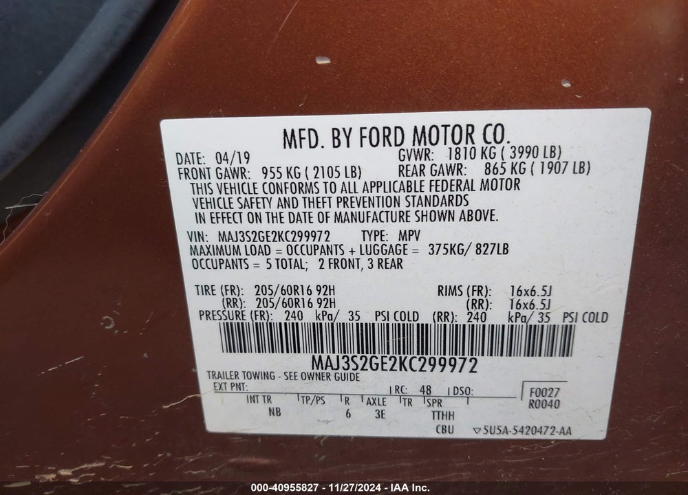 2019 FORD ECOSPORT SE VIN: MAJ3S2GE2KC299972
