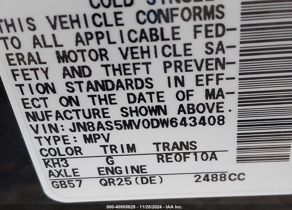 2013 NISSAN ROGUE SV W/SL PKG VIN: JN8AS5MV0DW643408