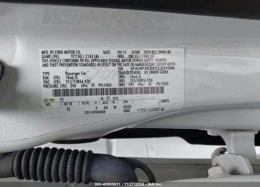 2012 FORD FOCUS SE VIN: 1FAHP3K2XCL231088