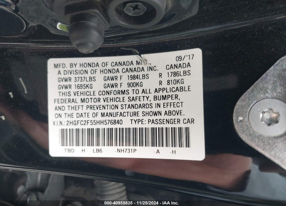 2017 HONDA CIVIC VIN: 2HGFC2F55HH576840
