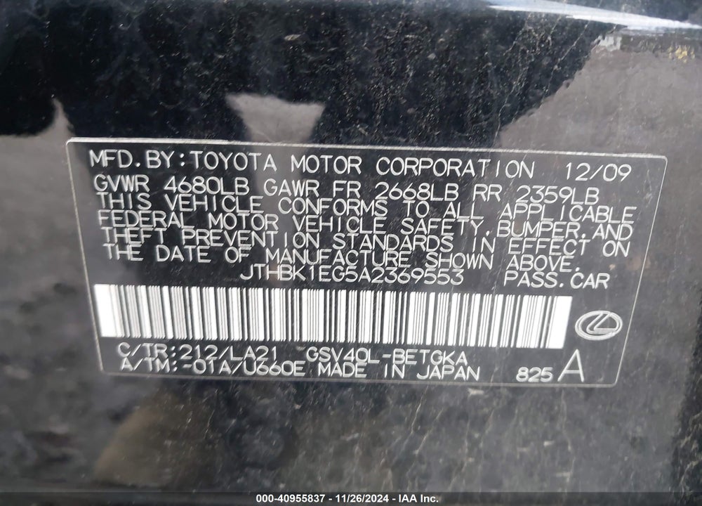 2010 LEXUS ES 350 VIN: JTHBK1EG5A2369553