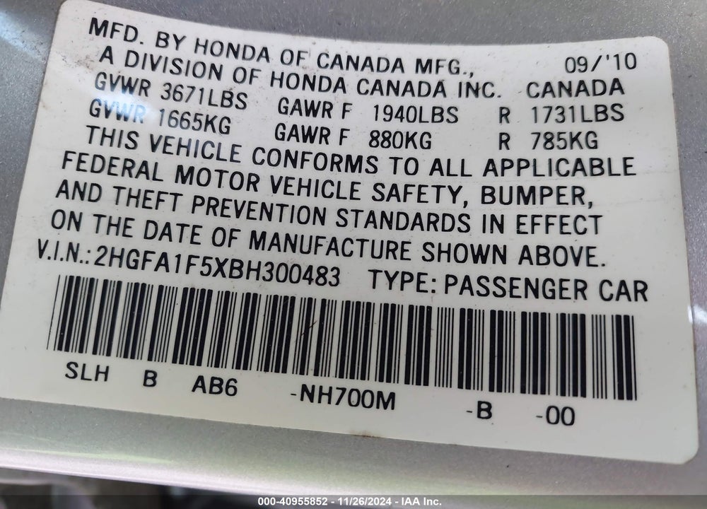 2011 HONDA CIVIC LX VIN: 2HGFA1F5XBH300483