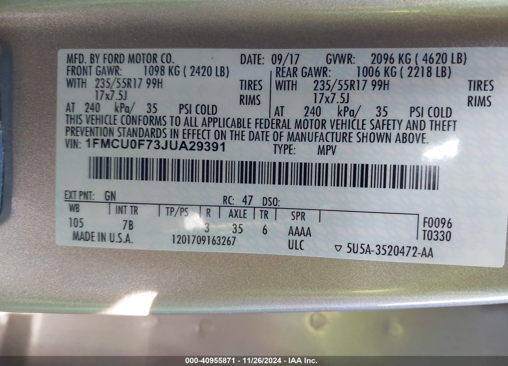 2018 FORD ESCAPE S VIN: 1FMCU0F73JUA29391
