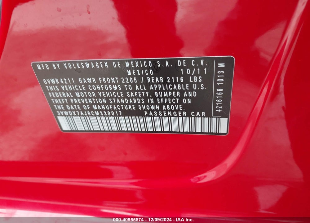 2012 VOLKSWAGEN JETTA 2.5L SE VIN: 3VWDX7AJ6CM339017