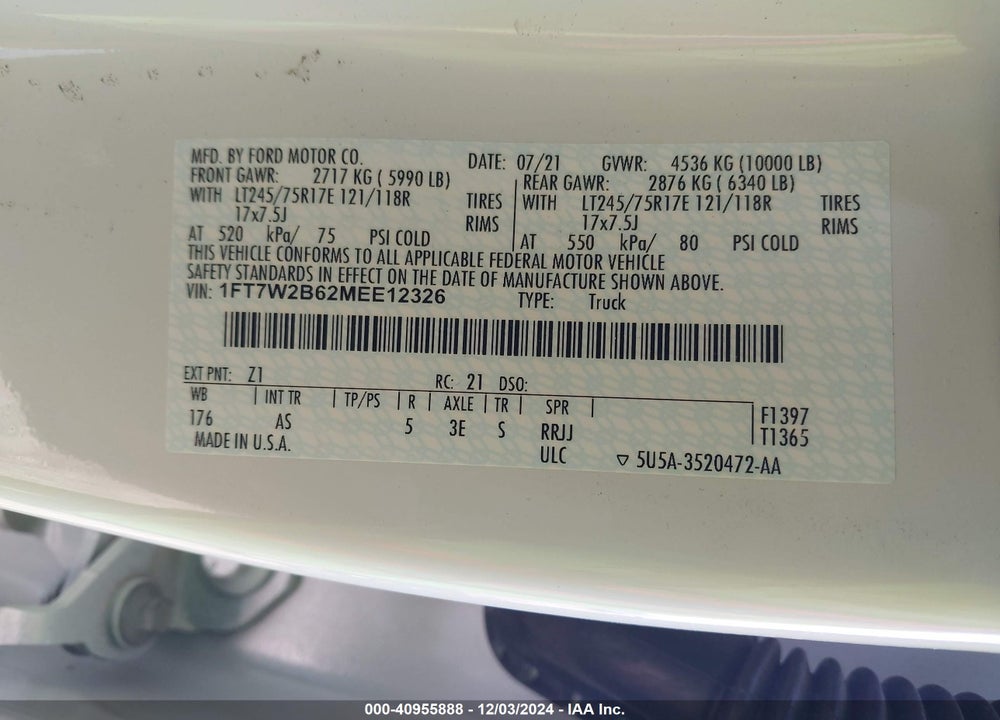 2021 FORD F250 VIN: 1FT7W2B62MEE12326
