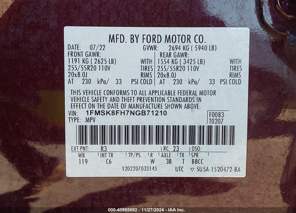2022 FORD EXPLORER LIMITED VIN: 1FMSK8FH7NGB71210