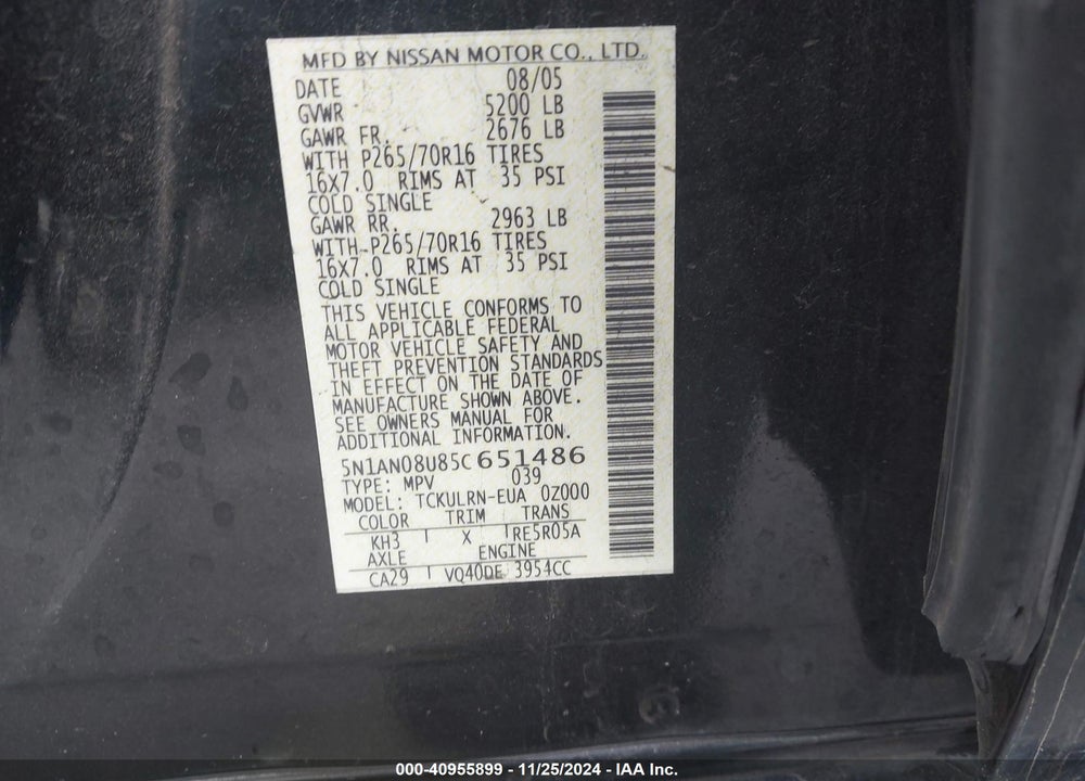2005 NISSAN XTERRA S VIN: 5N1AN08U85C651486