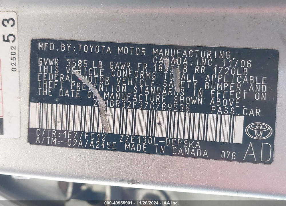 2007 TOYOTA COROLLA S VIN: 2T1BR32E37C769536