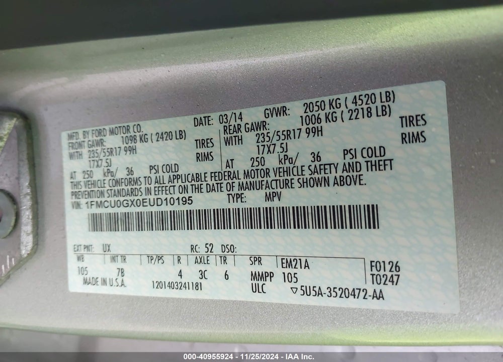 2014 FORD ESCAPE SE VIN: 1FMCU0GX0EUD10195