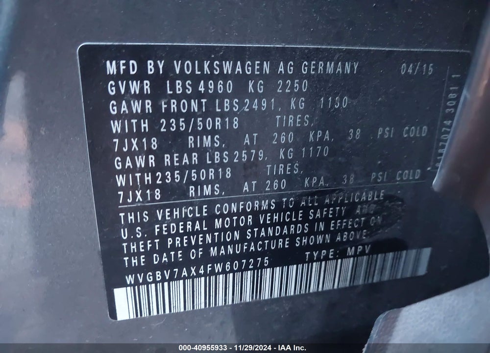 2015 VOLKSWAGEN TIGUAN SE VIN: WVGBV7AX4FW607275