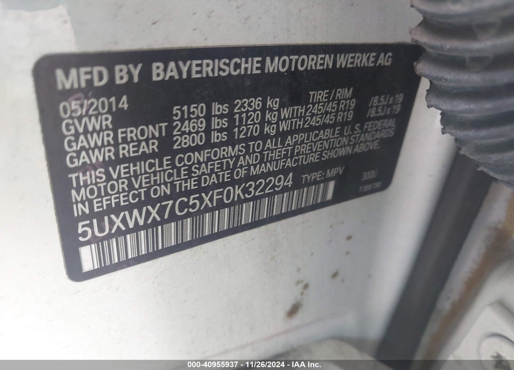 2015 BMW X3 XDRIVE35I VIN: 5UXWX7C5XF0K32294