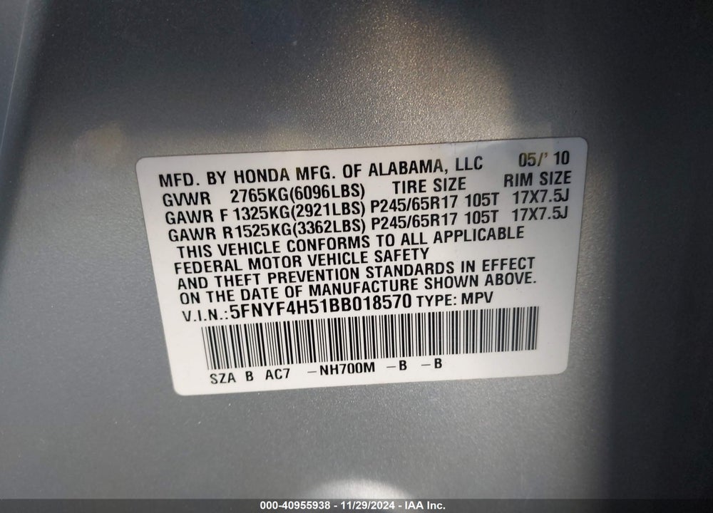 2011 HONDA PILOT EX-L VIN: 5FNYF4H51BB018570